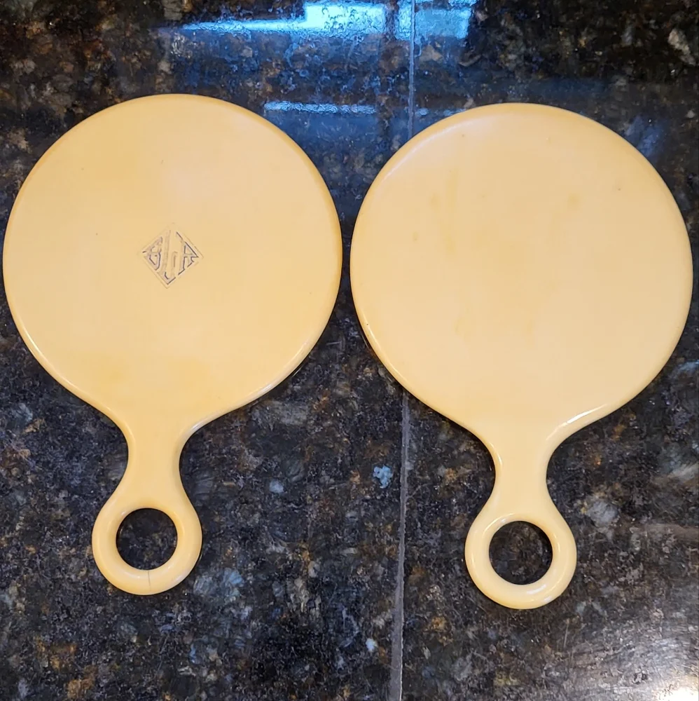 Pair of Antique Round Handled Cream Celluloid Vanity Hand Mirrors
